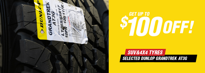 Get up to $100 off selected Dunlop Grandtrek AT3G tyres.