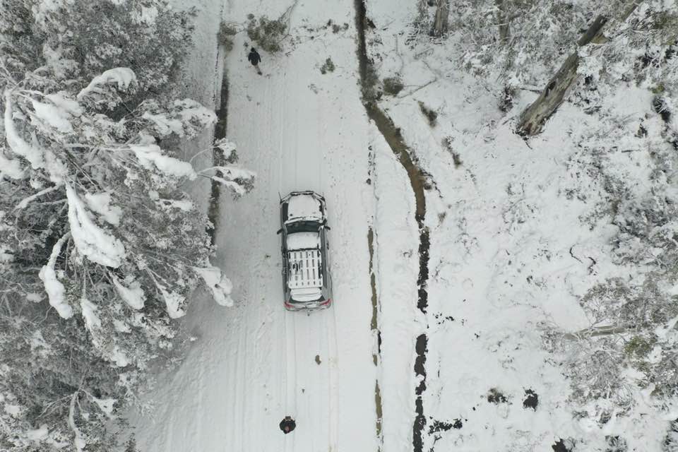 Top down shot of car in snow