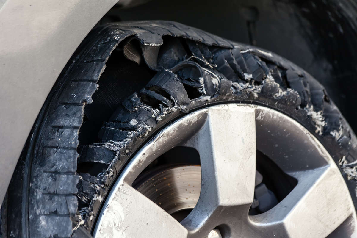 A tyre that has suffered a sidewall blowout