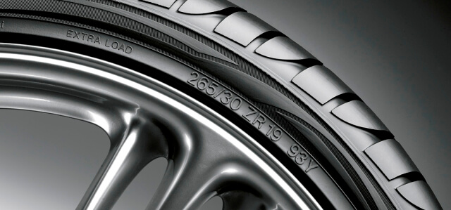 Example of tyre sidewall markings of a 265/30 ZR 19 93Y tyre.