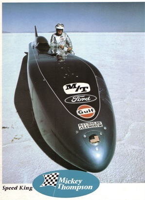Mickey Thompson sits above the Challenger II land speed record on the salt flats of Utah.