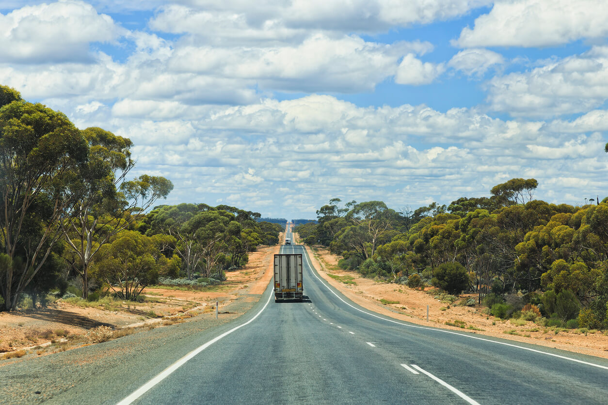 Long remote Eyre Highway in the Nullarbor Plain of Western Australia.