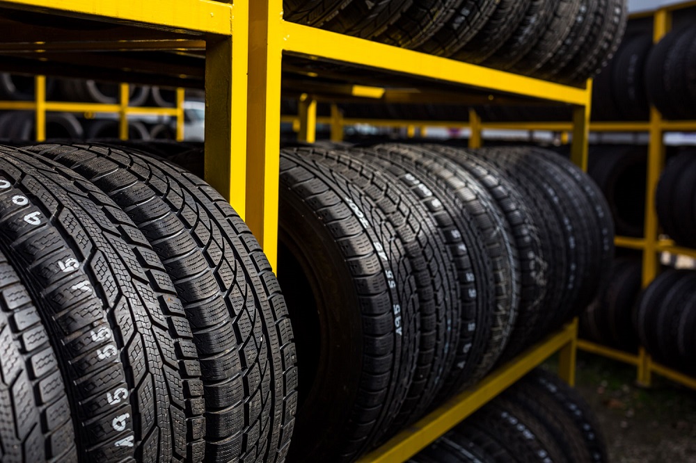 Close up view of tyres lined up in a row