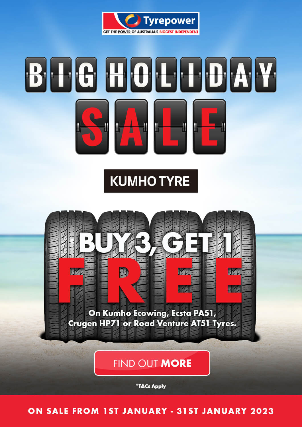 Buy 3 Get 1 Free on Kumho Ecowing, Ecsta PA51, Crugen HP71 or Road Venture AT51 Tyres.