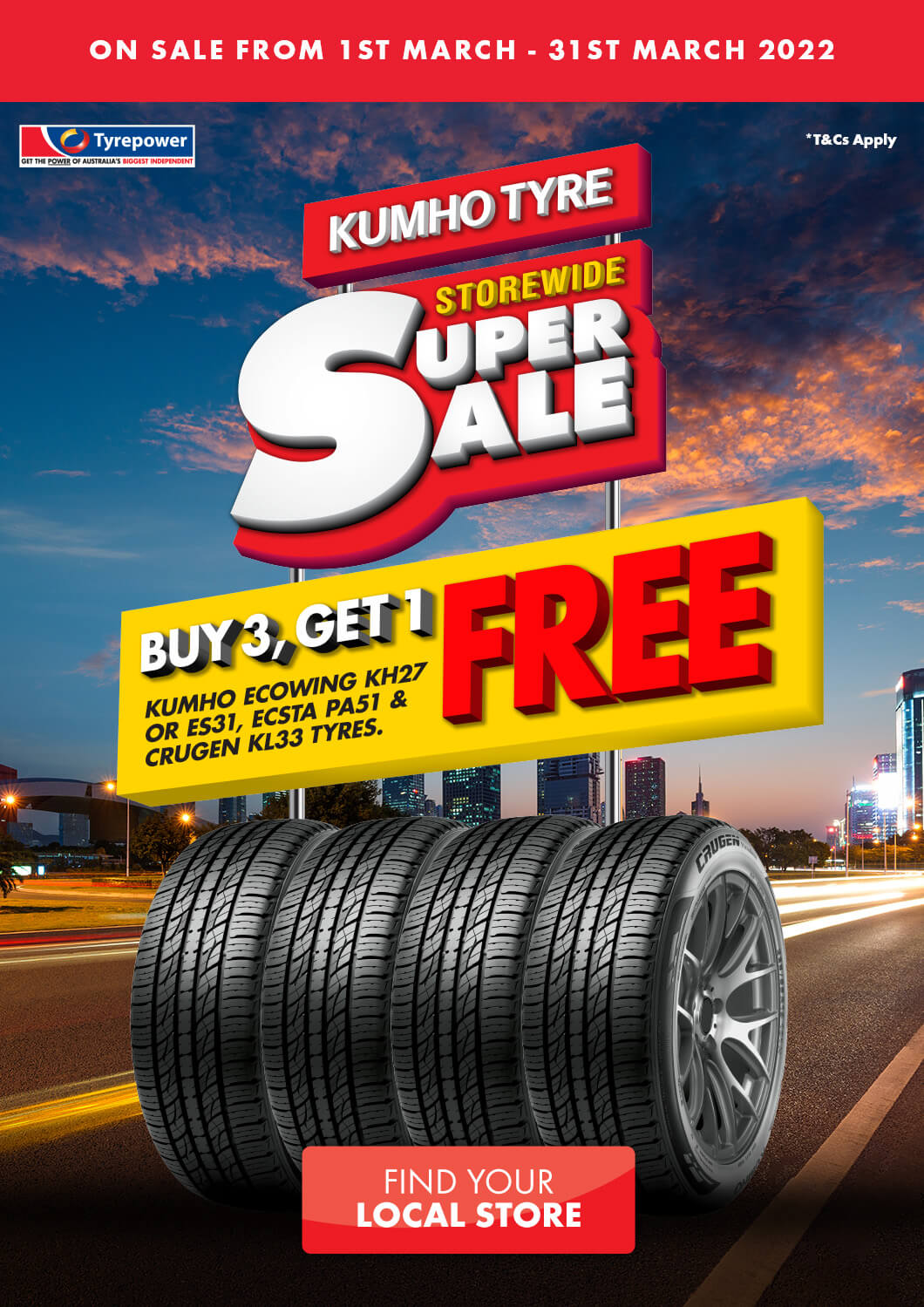 Buy 3 Get 1 Free on Kumho Ecowing KH27, Ecsta PA51, Crugen KL33 or ES31 Tyres.