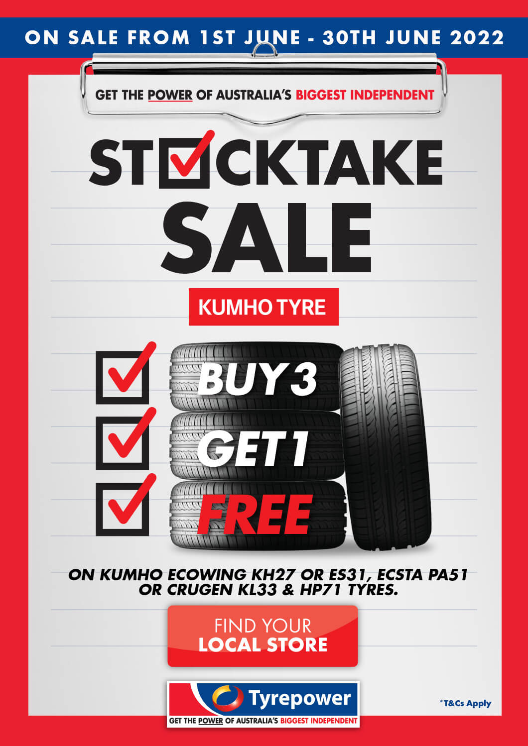 Purchase any 3 Kumho Ecowing KH27 or ES31, Ecsta PA51 or Crugen KL33 & HP71 Tyres.