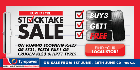 Kumho Tyre Stocktake Sale on Kumho Ecowing KH27 or ES31, ECSTA PA51 or CRUGEN KL33 & JP71 tyres.