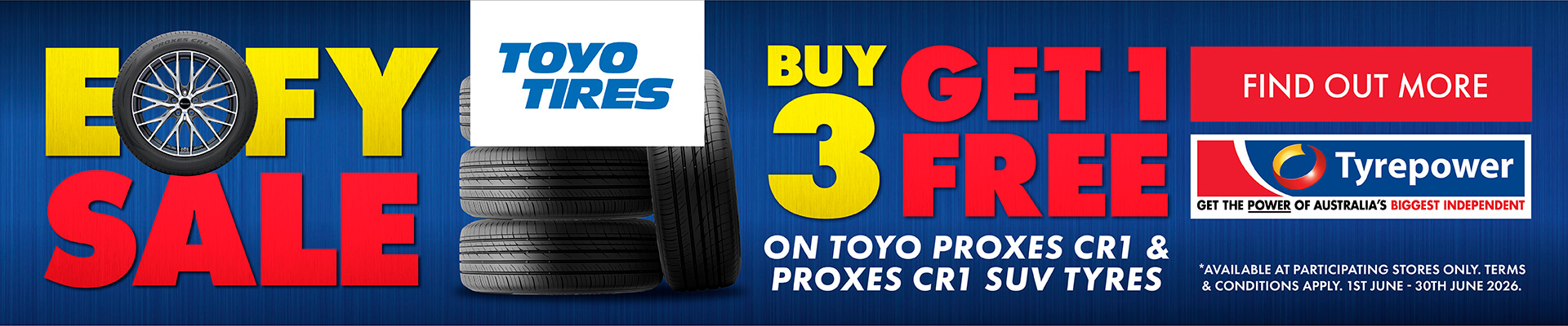 Buy 3 get 1 free on select Toyo tyres
