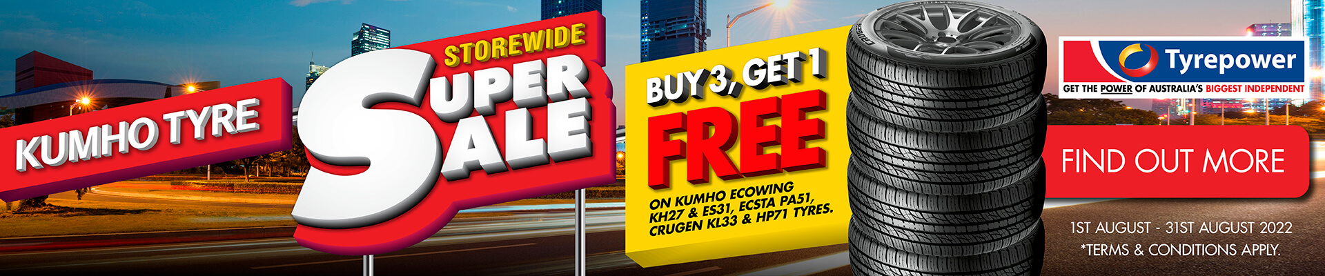 Kumho Buy 3, Get 1 Free on Kumho Ecowing KH27 or ES31, ECSTA PA51, CRUGEN KL33 & HP71 tyres.