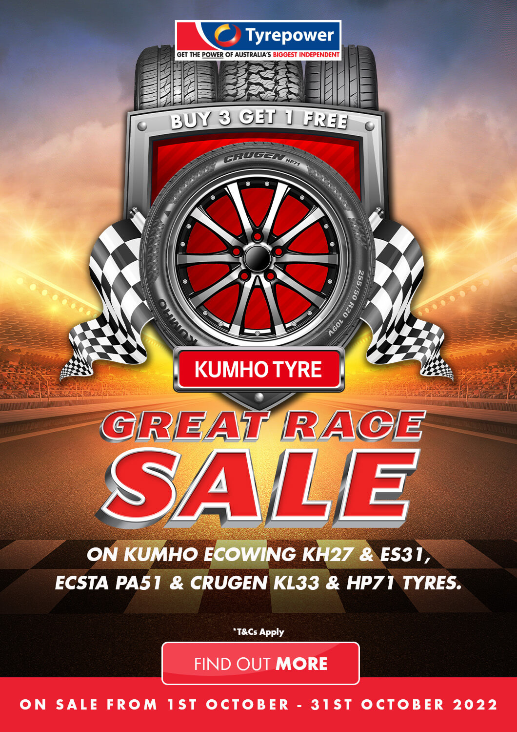 Buy 3 Get 1 Free on Kumho Ecowing KH27, Ecsta PA51, Crugen KL33 & HP71 Tyres.