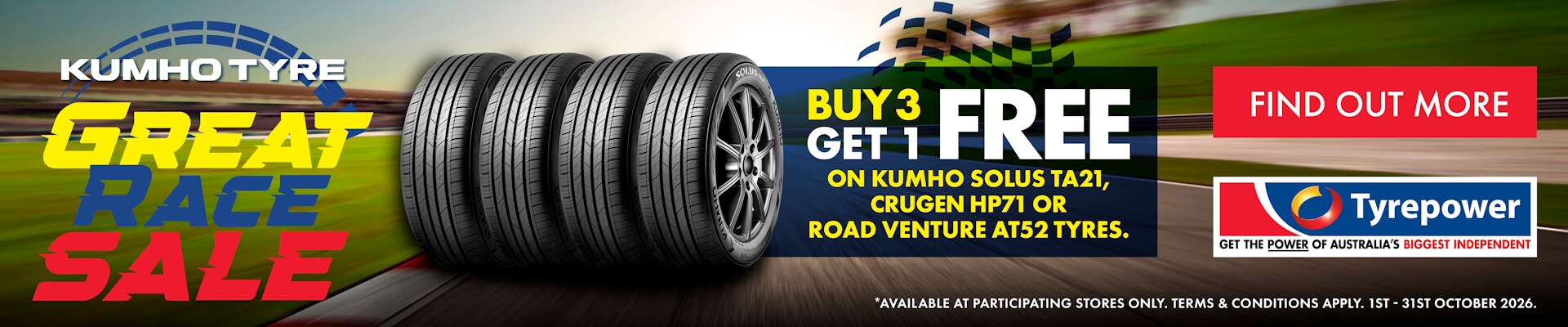 Buy 3 get 1 free on select Kumho tyres